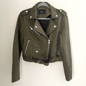 Stradivarius Cute Cropped Motorcycle Jacket - Army Green - Size L